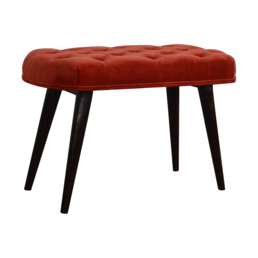 Velvet Deep Button Bench Seat in Brick Red Rust & Walnut - Price Crash Furniture