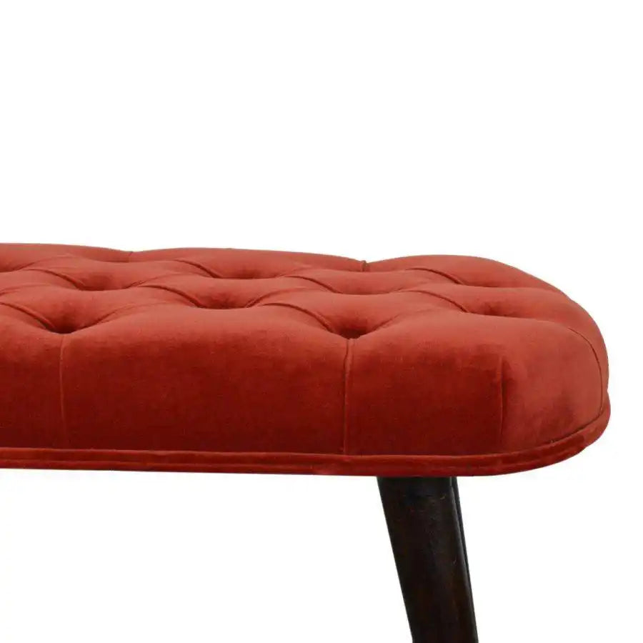 Velvet Deep Button Bench Seat in Brick Red Rust & Walnut - Price Crash Furniture