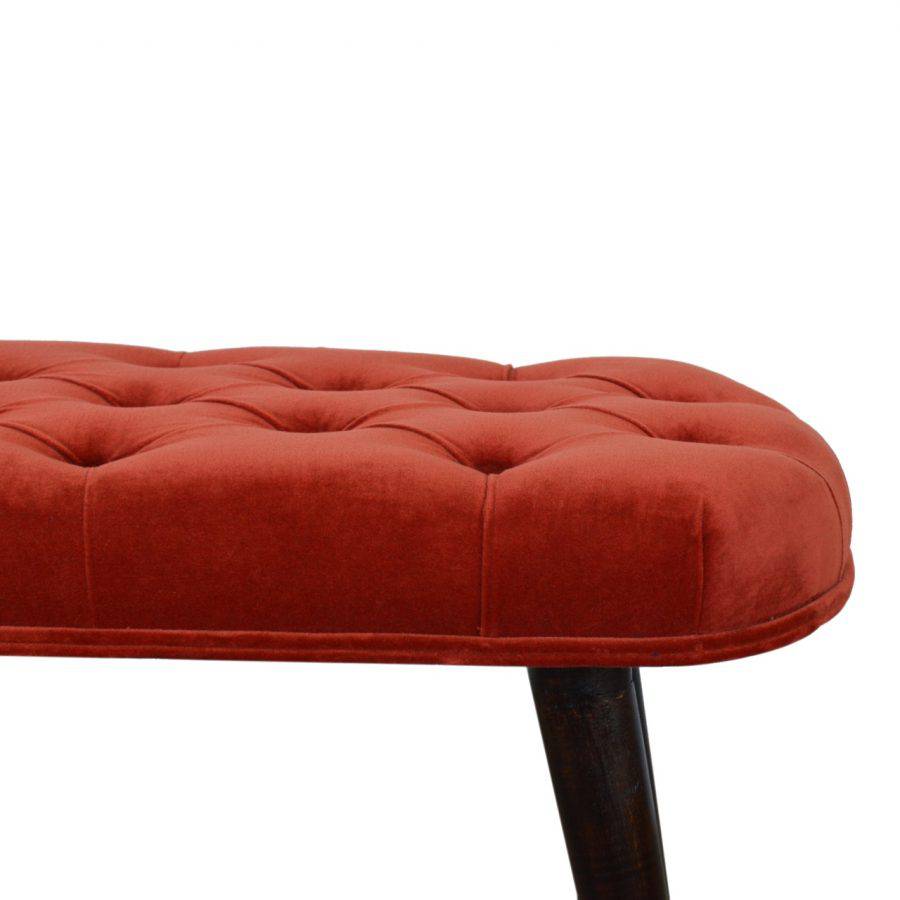 Velvet Deep Button Bench Seat in Brick Red Rust & Walnut - Price Crash Furniture