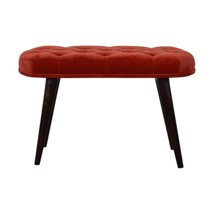 Velvet Deep Button Bench Seat in Brick Red Rust & Walnut - Price Crash Furniture