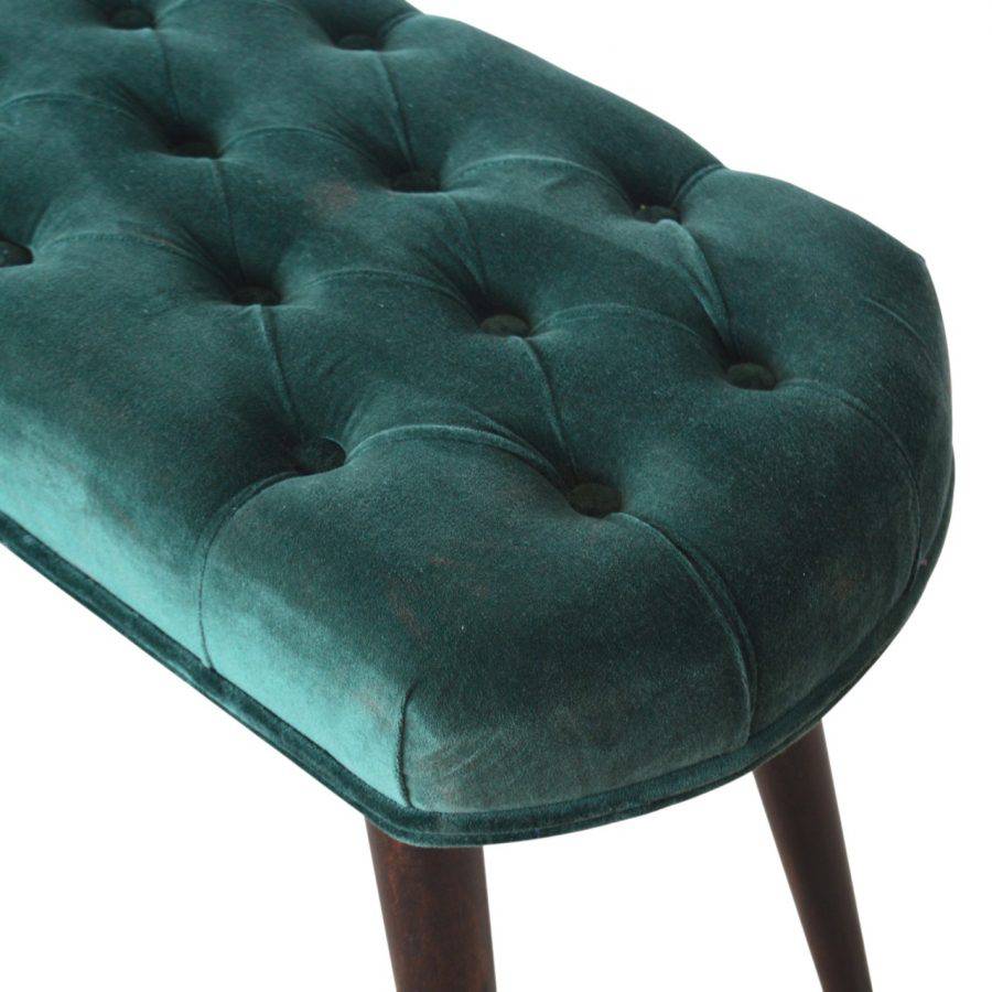 Velvet Deep Button Bench Seat in Emerald Green & Walnut - Price Crash Furniture