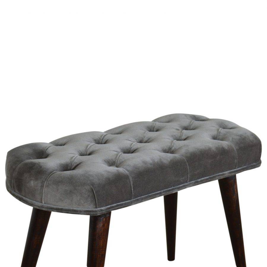 Velvet Deep Button Bench Seat in Grey & Walnut - Price Crash Furniture