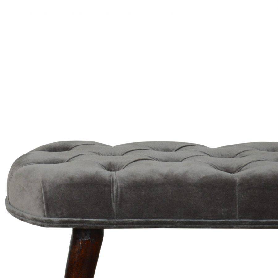 Velvet Deep Button Bench Seat in Grey & Walnut - Price Crash Furniture
