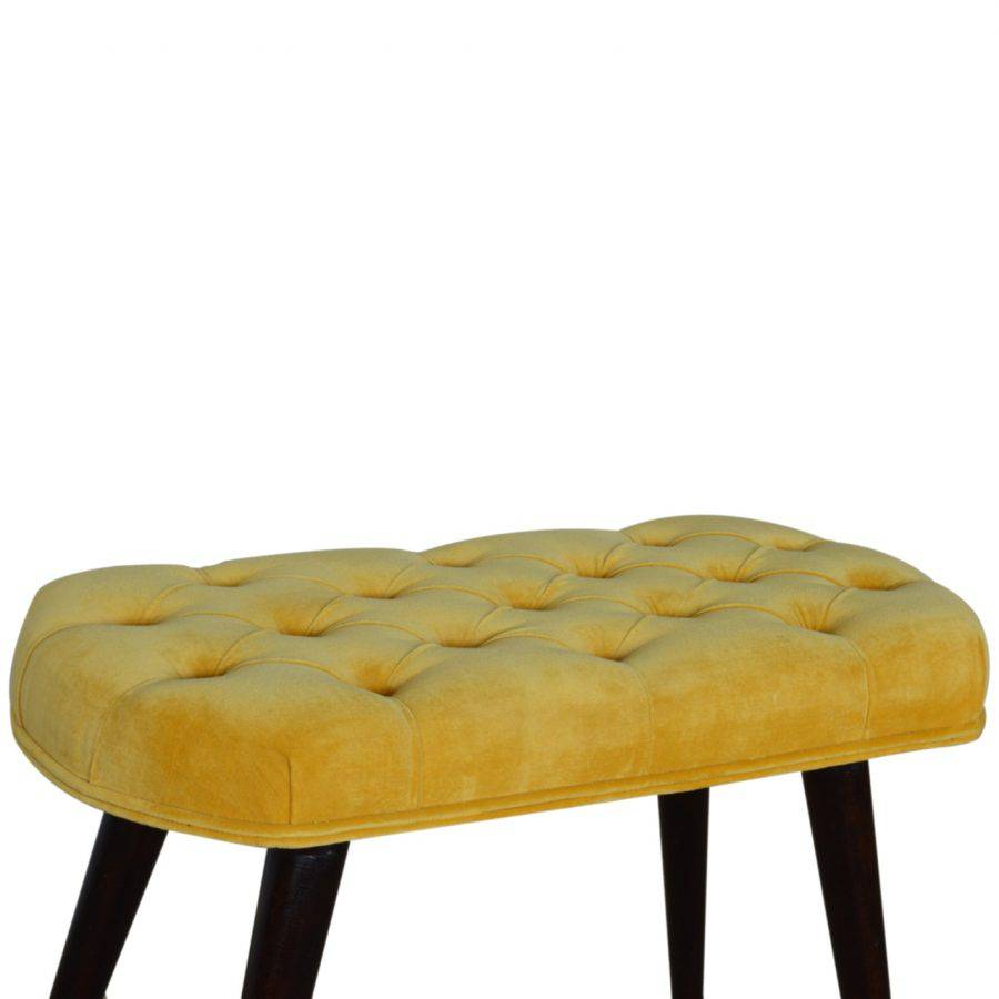 Velvet Deep Button Bench Seat in Mustard Yellow & Walnut - Price Crash Furniture