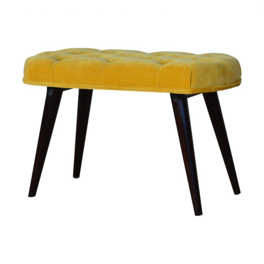 Velvet Deep Button Bench Seat in Mustard Yellow & Walnut - Price Crash Furniture
