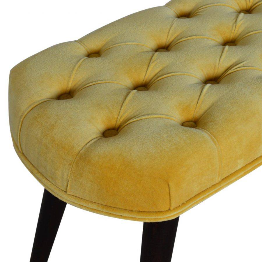 Velvet Deep Button Bench Seat in Mustard Yellow & Walnut - Price Crash Furniture