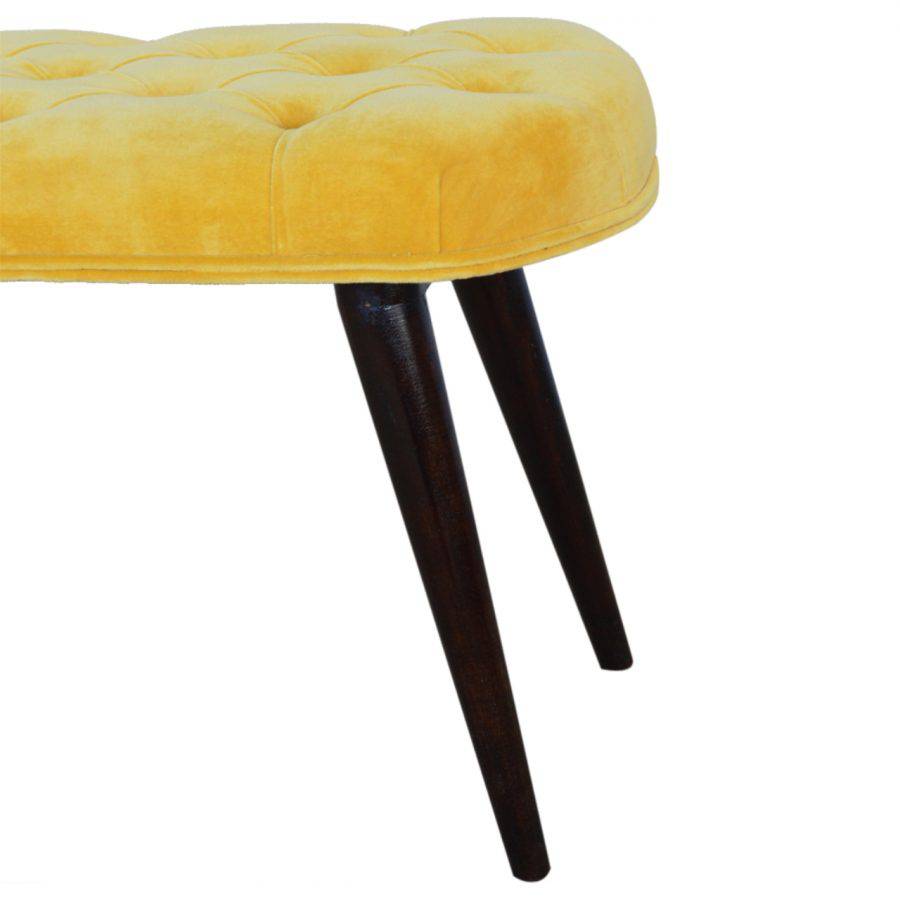 Velvet Deep Button Bench Seat in Mustard Yellow & Walnut - Price Crash Furniture