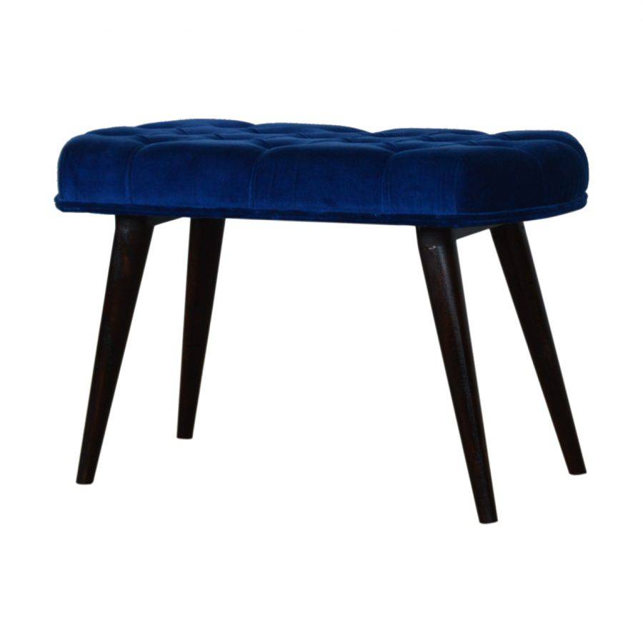 Velvet Deep Button Bench Seat in Royal Blue & Walnut - Price Crash Furniture