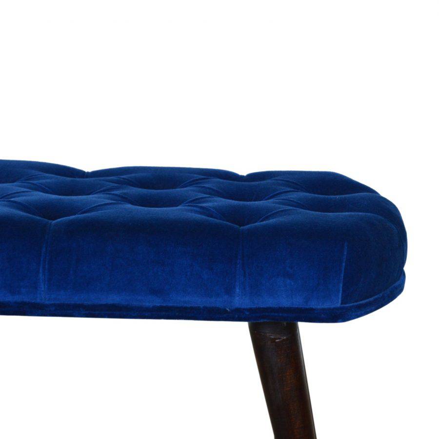 Velvet Deep Button Bench Seat in Royal Blue & Walnut - Price Crash Furniture