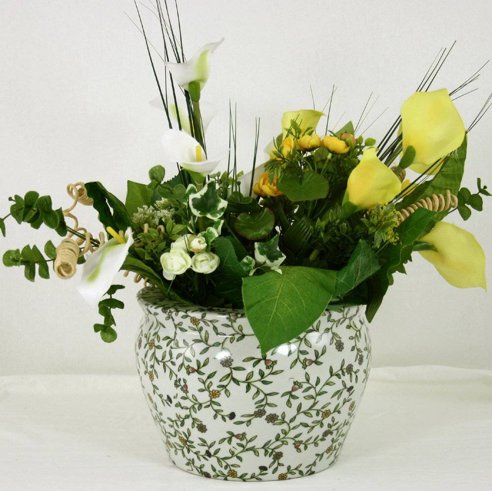 Ceramic Planter, Vintage Green & White Floral Design - Price Crash Furniture