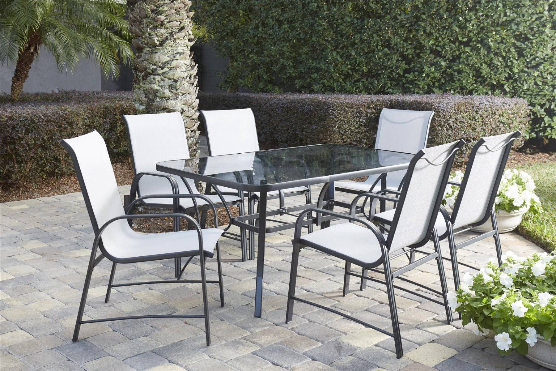 Cosco Paloma 7 Piece Outdoor Dining Set: Glass Table + 6 Chairs - Price Crash Furniture