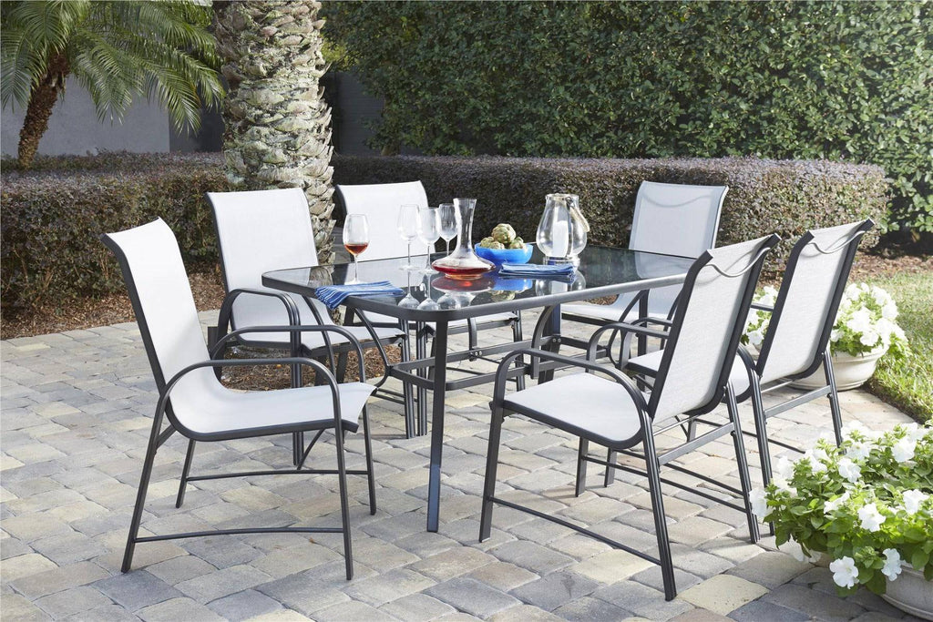 Cosco Paloma Outdoor Dining Table: Grey Steel + Tempered Glass - Price Crash Furniture