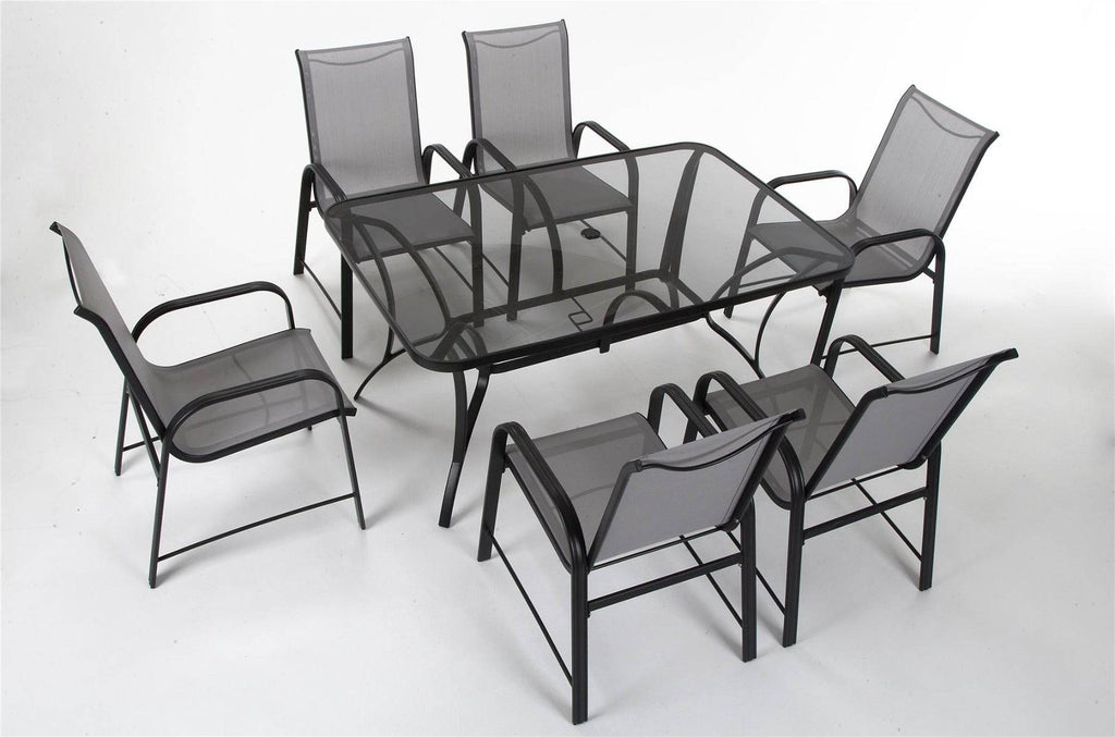 Cosco Paloma Set of 6 Outdoor Dining Chairs: Light Grey Mesh, Grey Steel Frame - Price Crash Furniture