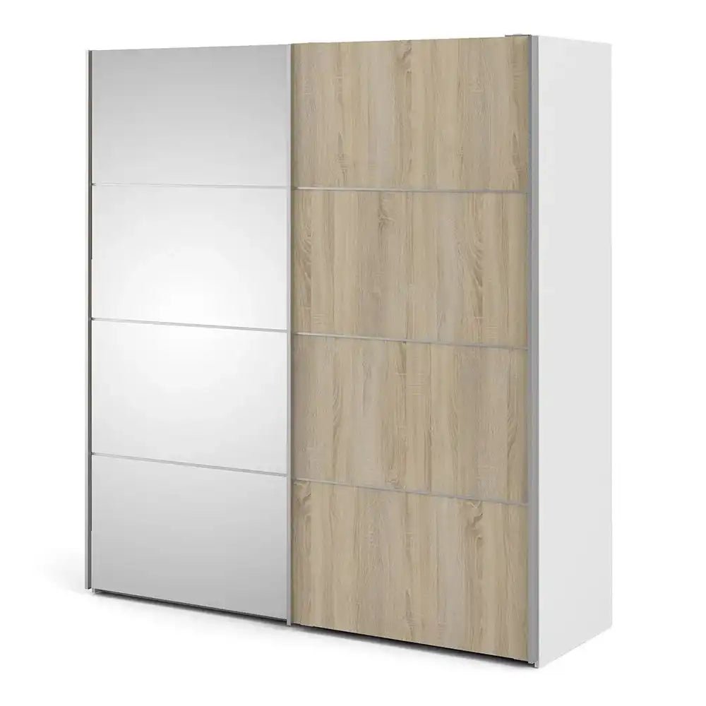 Verona Sliding Wardrobe 180cm in White with Oak and Mirror Doors with 2 Shelves - Price Crash Furniture