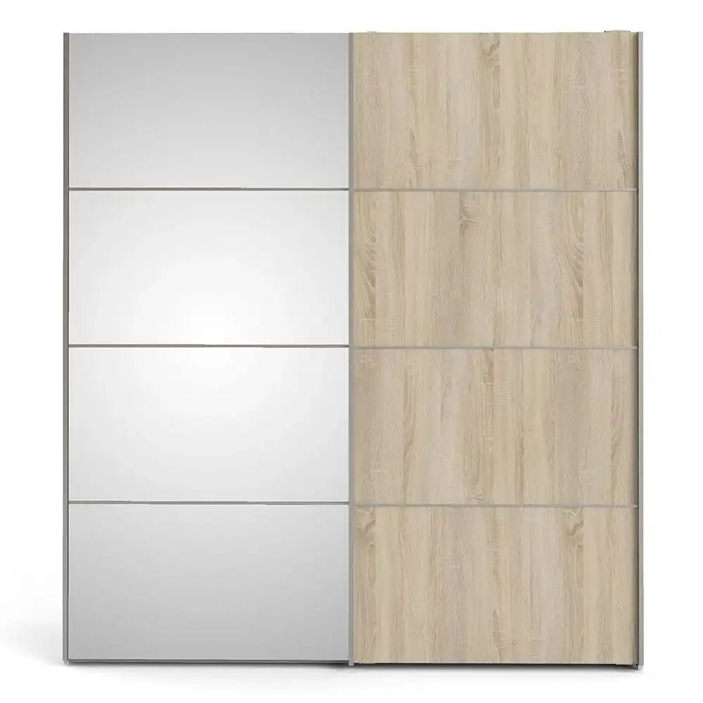 Verona Sliding Wardrobe 180cm in White with Oak and Mirror Doors with 2 Shelves - Price Crash Furniture