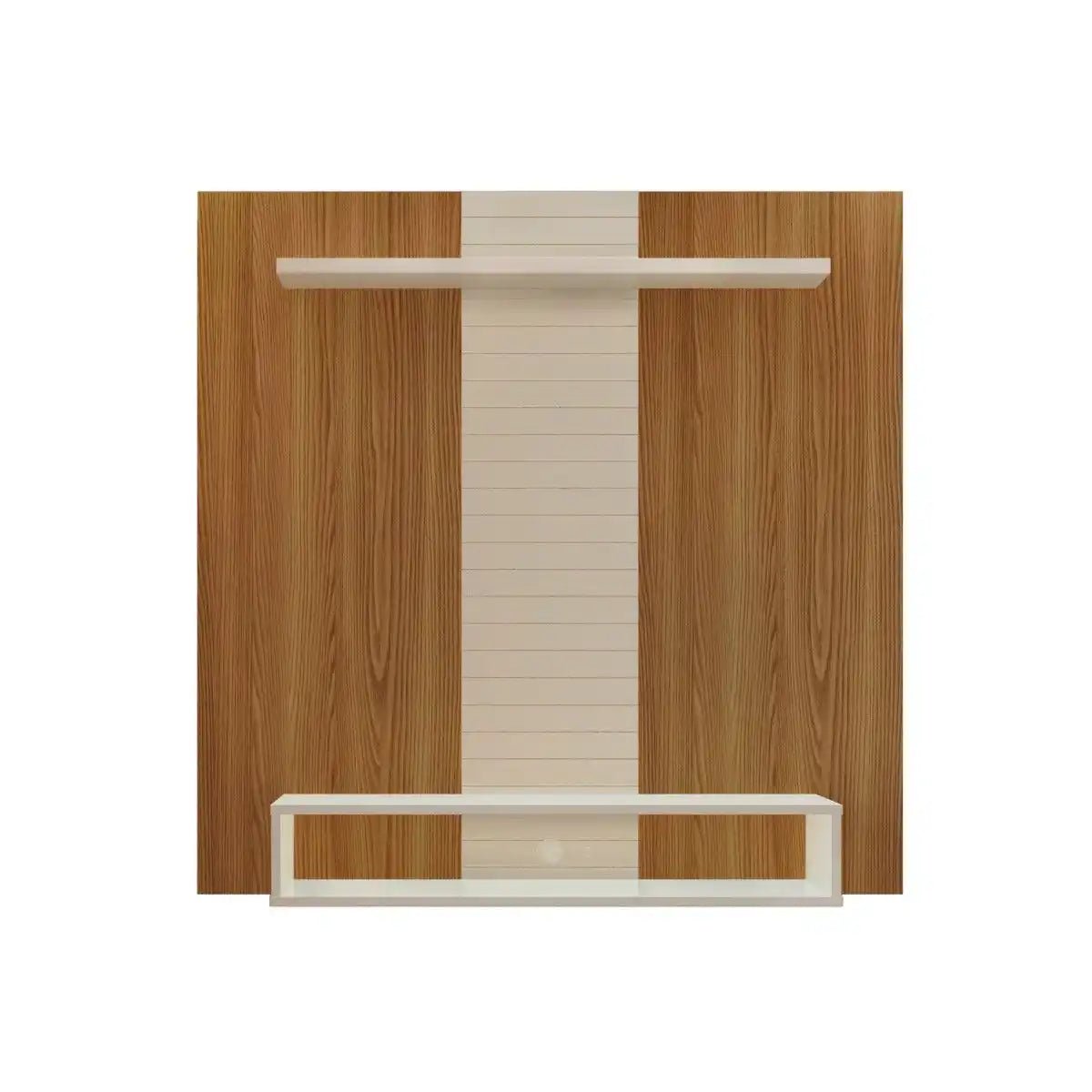 Vision - fixed TV wall panel with shelf and storage, oak effect & soft gloss white - Price Crash Furniture