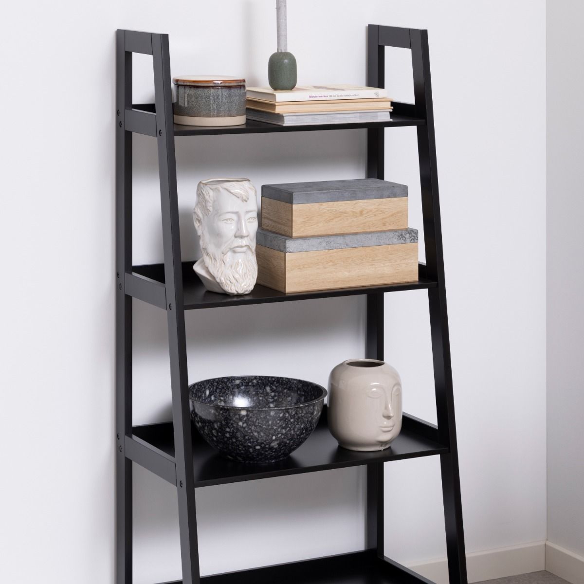 Wally Ladder Bookcase With 4 Shelves In Black - Price Crash Furniture