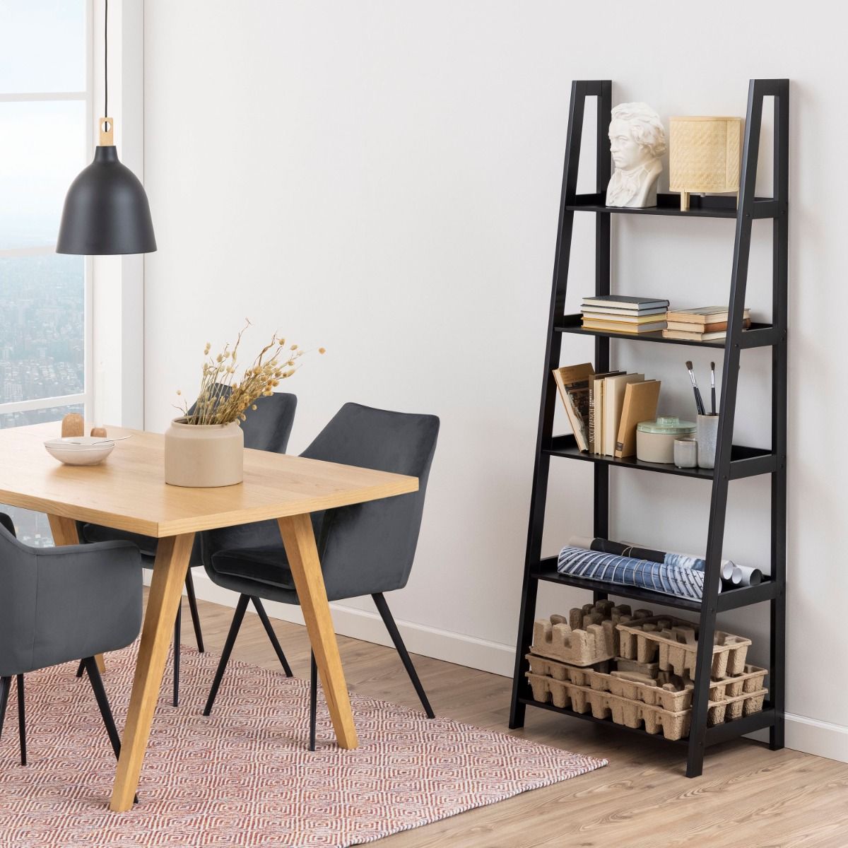 Wally Ladder Bookcase With 5 Shelves In Black - Price Crash Furniture