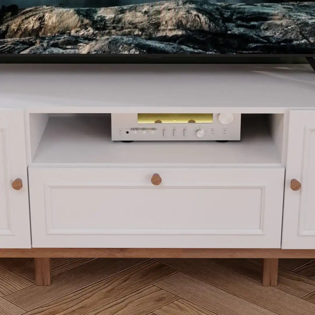 Wensley 2 Door 1 Drawer TV Unit in Light Grey and Oak - Price Crash Furniture