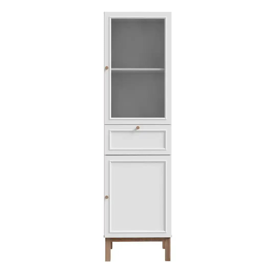 Wensley Display Cabinet with 1 Door 1 Drawer and 1 Glass Door in Light Grey and Oak - Price Crash Furniture