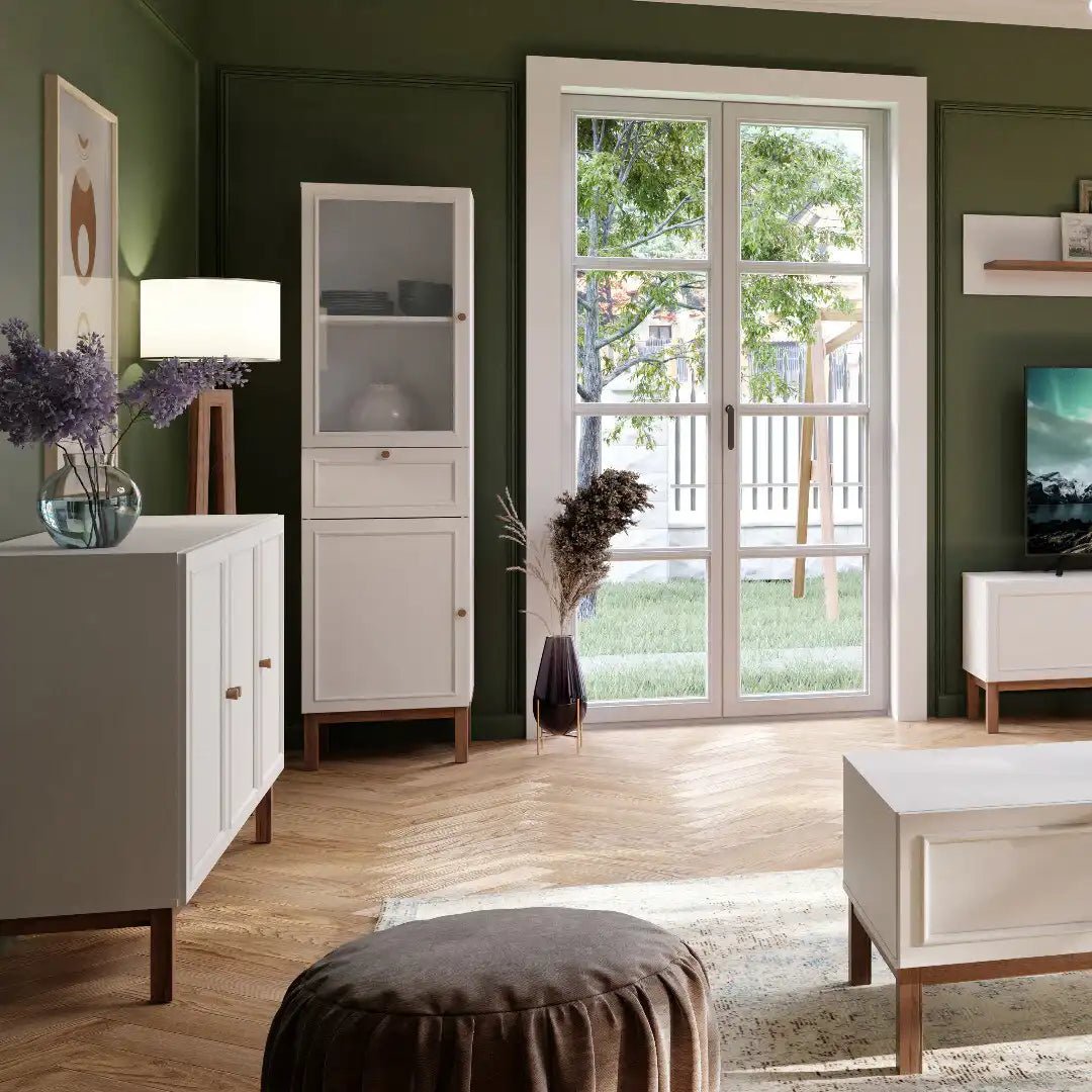 Wensley Display Cabinet with 1 Door 1 Drawer and 1 Glass Door in Light Grey and Oak inc LED Lighting - Price Crash Furniture