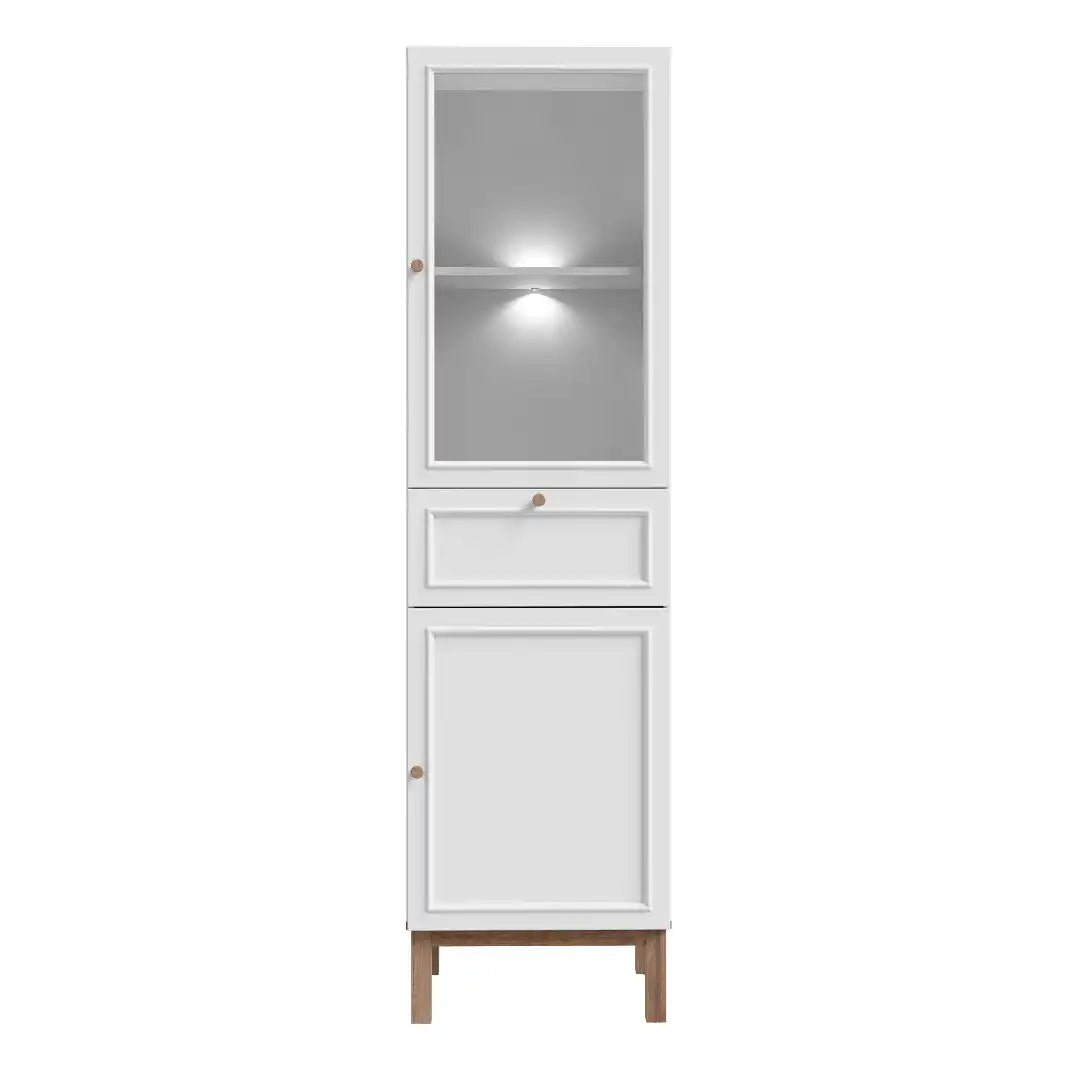 Wensley Display Cabinet with 1 Door 1 Drawer and 1 Glass Door in Light Grey and Oak inc LED Lighting - Price Crash Furniture