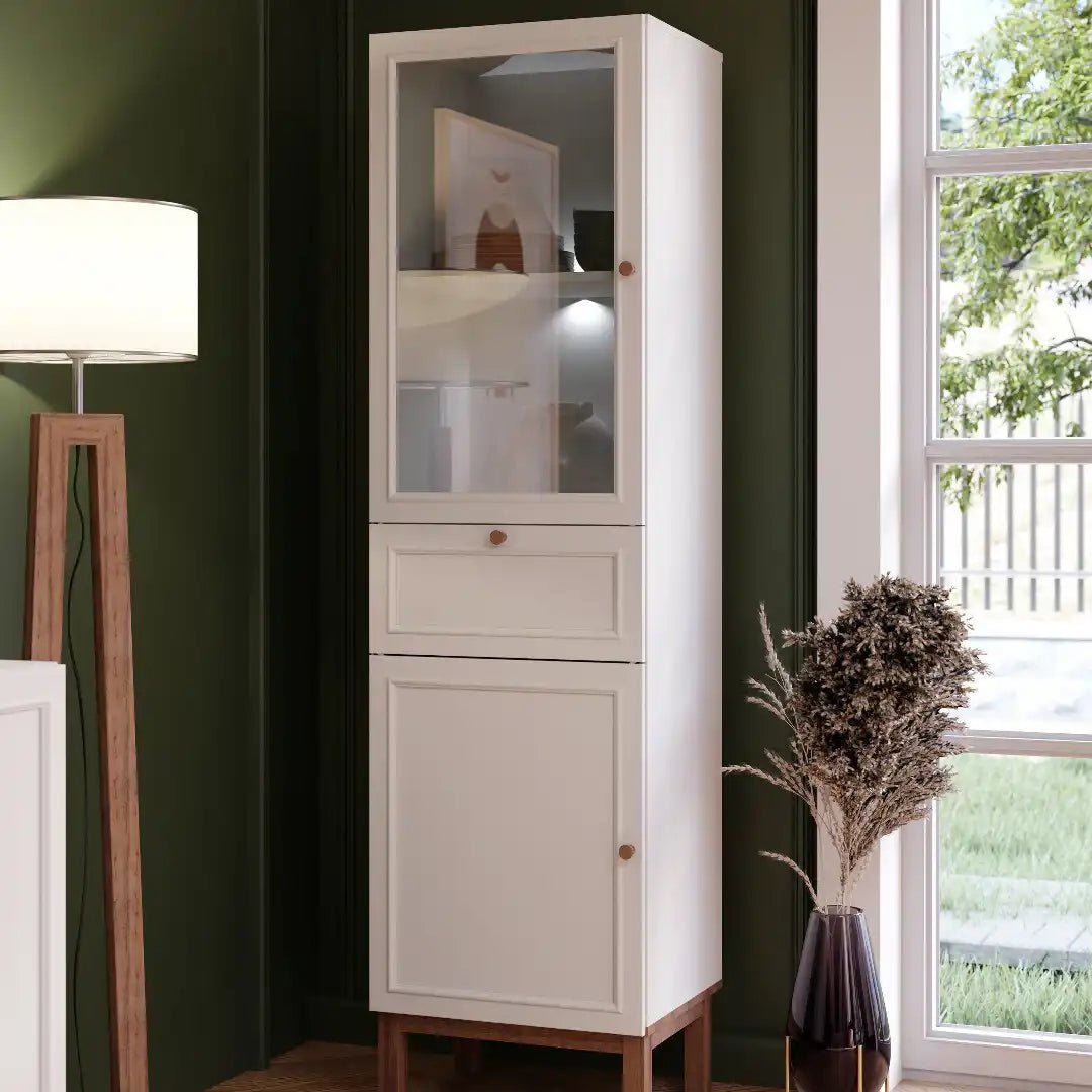 Wensley Display Cabinet with 1 Door 1 Drawer and 1 Glass Door in Light Grey and Oak inc LED Lighting - Price Crash Furniture