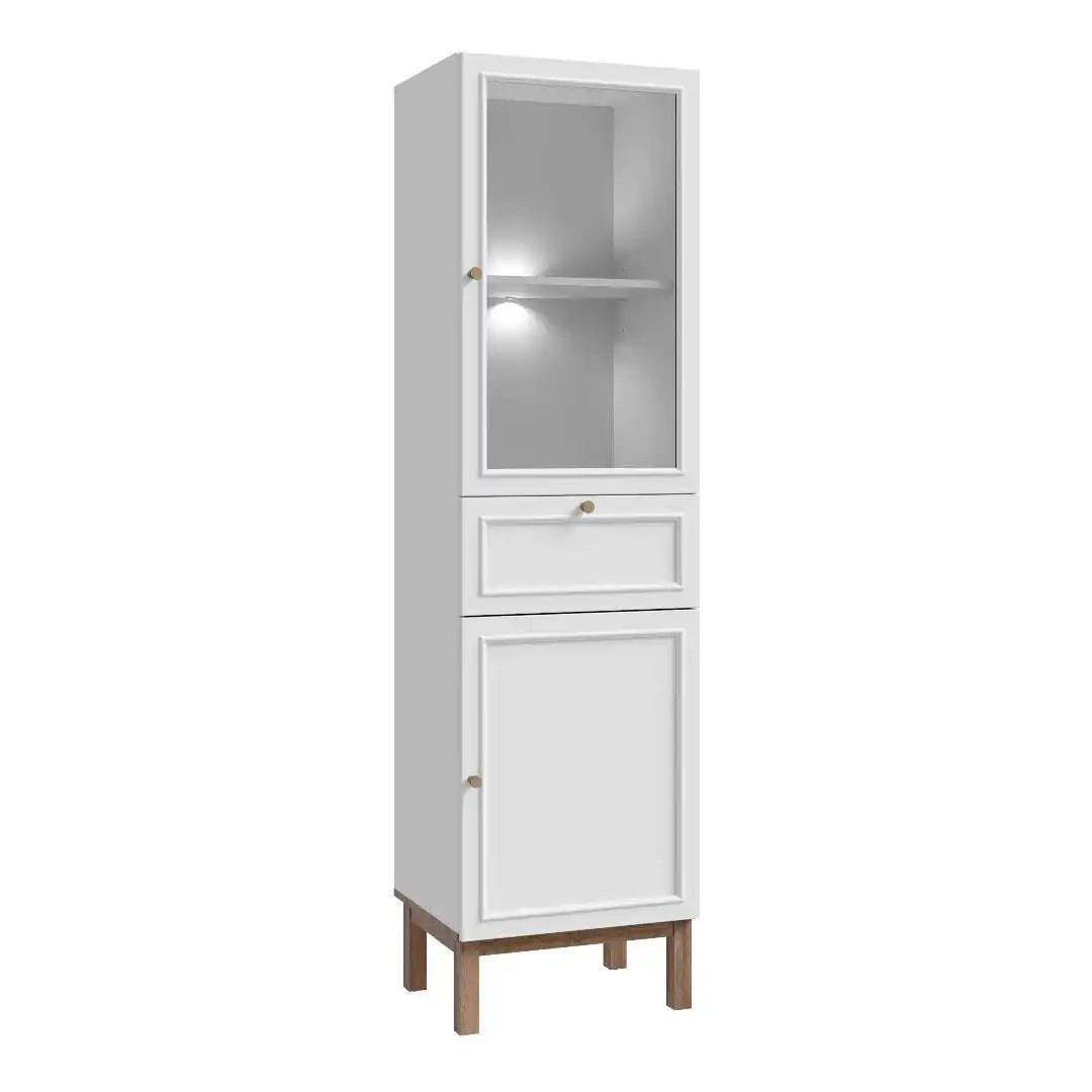 Wensley Display Cabinet with 1 Door 1 Drawer and 1 Glass Door in Light Grey and Oak inc LED Lighting - Price Crash Furniture