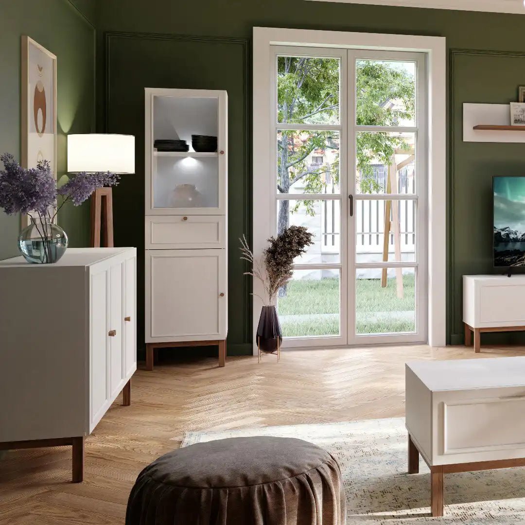 Wensley Display Cabinet with 1 Door 1 Drawer and 1 Glass Door in Light Grey and Oak inc LED Lighting - Price Crash Furniture