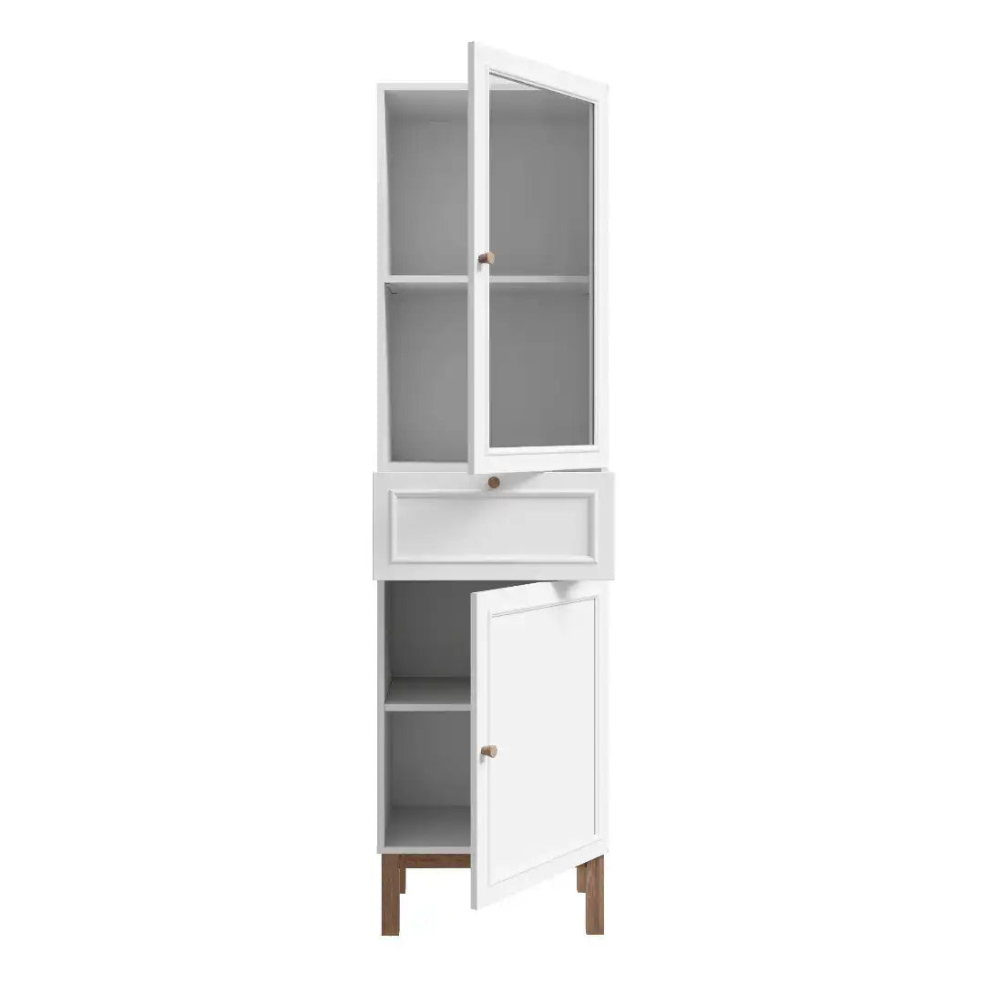 Wensley Display Cabinet with 1 Door 1 Drawer and 1 Glass Door in Light Grey and Oak inc LED Lighting - Price Crash Furniture
