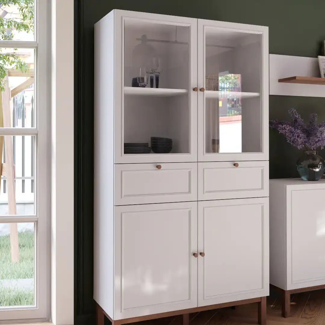 Wensley Display Cabinet with 2 Doors 2 Drawers and 2 Glass Doors in Light Grey and Oak - Price Crash Furniture