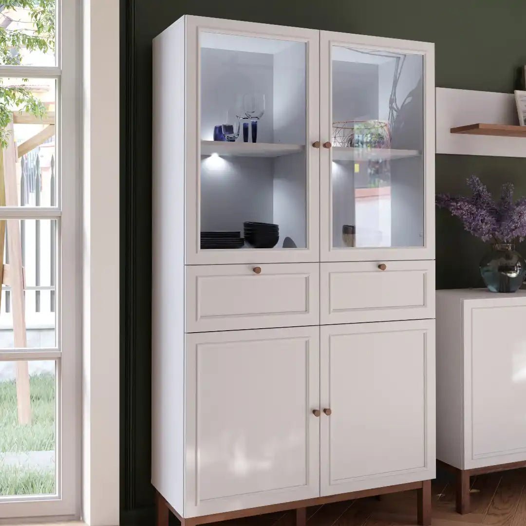 Wensley Display Cabinet with 2 Doors 2 Drawers and 2 Glass Doors in Light Grey and Oak inc LED Lighting - Price Crash Furniture