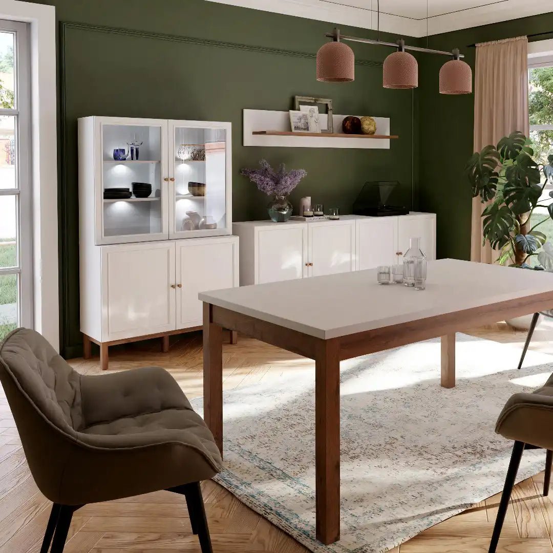 Wensley Display Cabinet with 2 Doors and 2 Glass Doors in Light Grey and Oak inc LED Lighting - Price Crash Furniture
