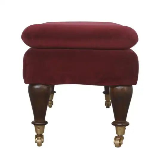 Wine Red Velvet Bench with Castor Feet - Price Crash Furniture