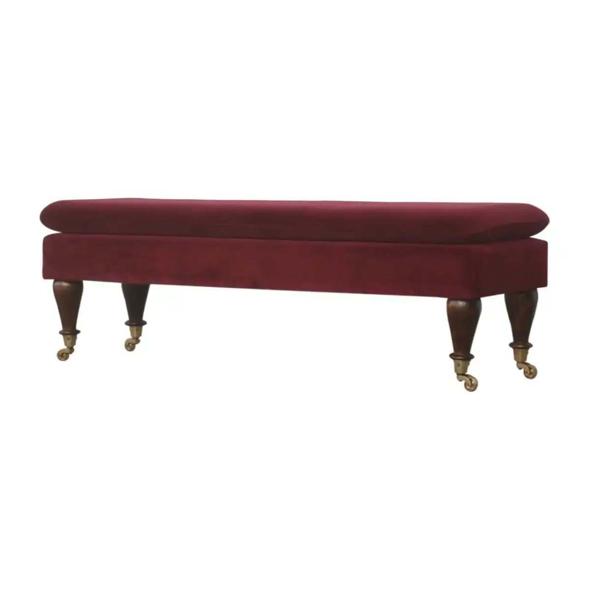 Wine Red Velvet Bench with Castor Feet - Price Crash Furniture