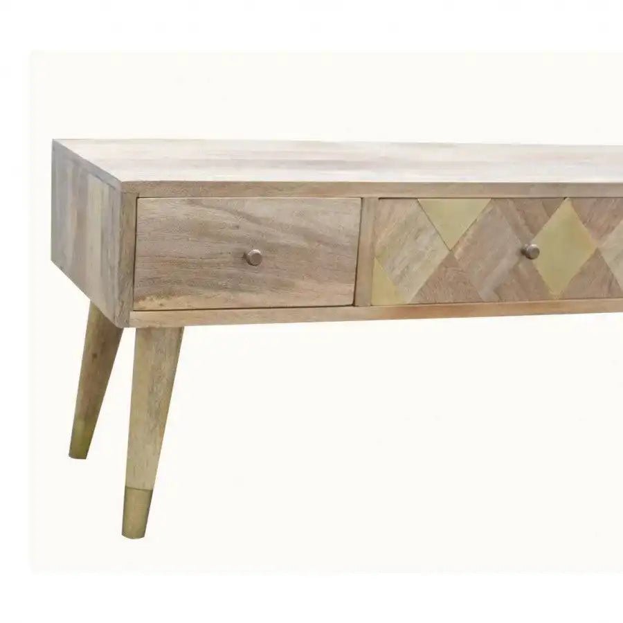 Wood 2 Drawer Media Unit, Gold Brass Insert Drawer Front, 1 Open Slot - Price Crash Furniture