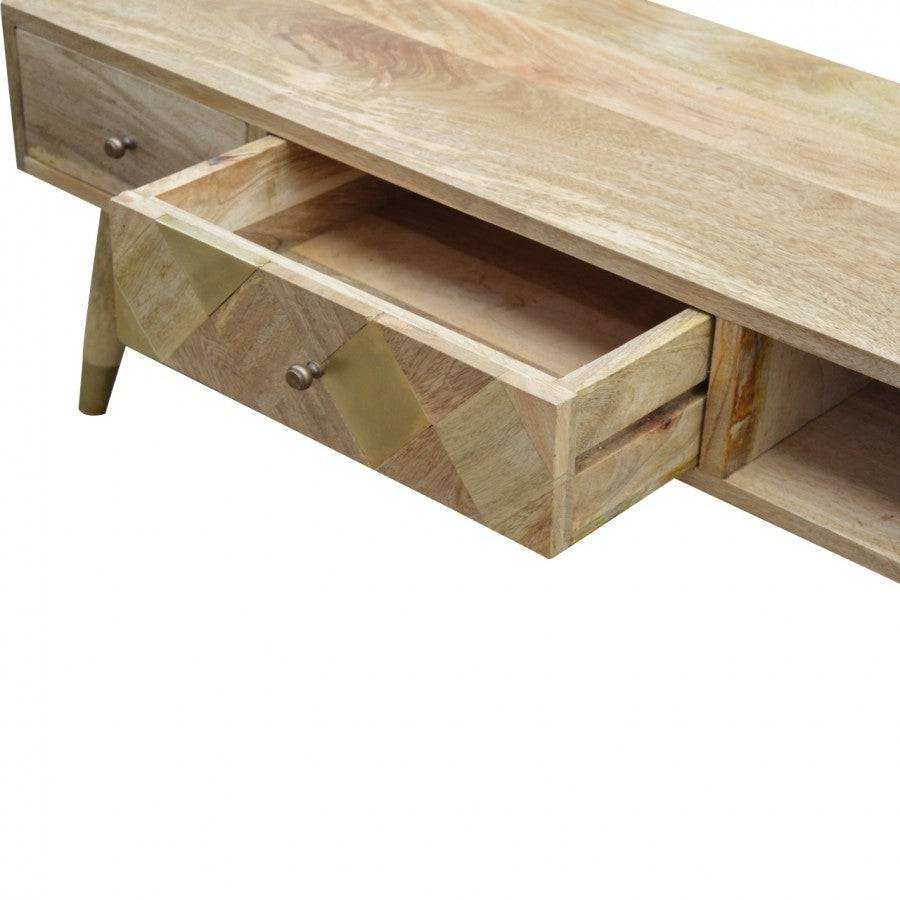 Wood 2 Drawer Media Unit, Gold Brass Insert Drawer Front, 1 Open Slot - Price Crash Furniture