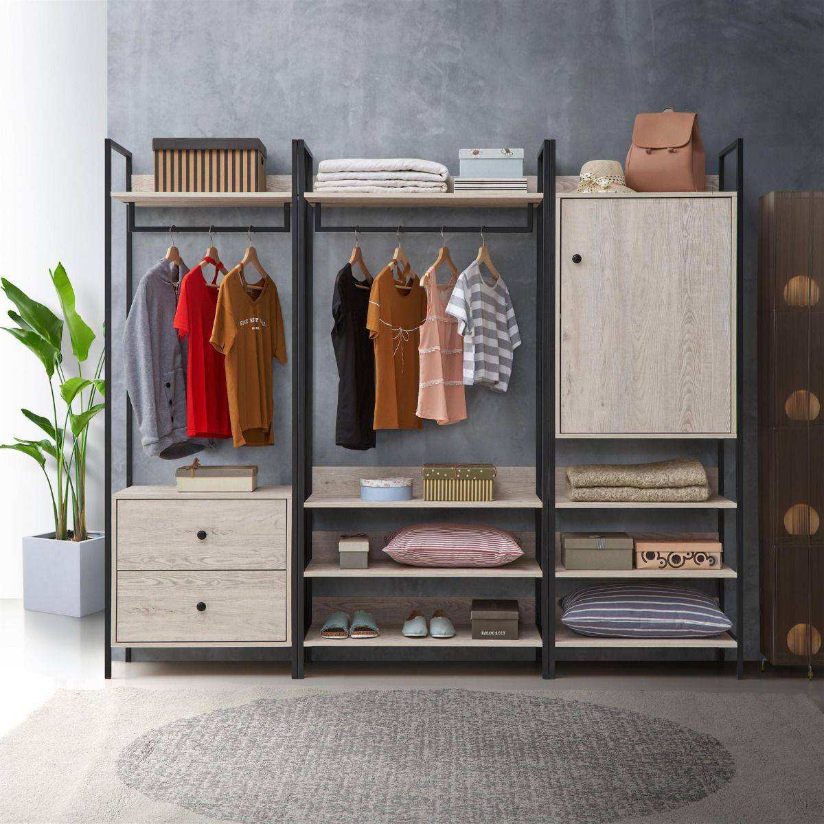 Zahra bedroom set: 3 piece open wardrobe set in ash oak effect by TAD - Price Crash Furniture