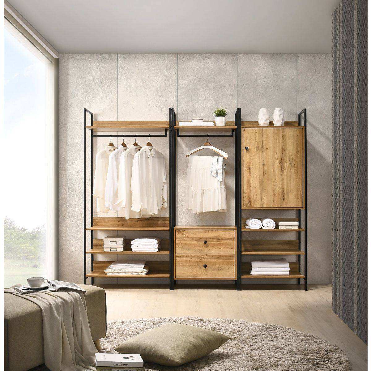 Zahra bedroom set: 3 piece open wardrobe set in oak effect by TAD - Price Crash Furniture