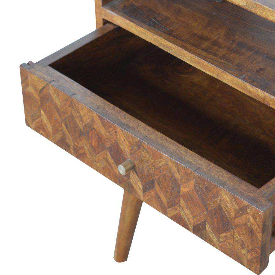 Zig - zag Parquet Pattern 1 Drawer Bedside Table in Chestnut - effect Mango Wood - Price Crash Furniture
