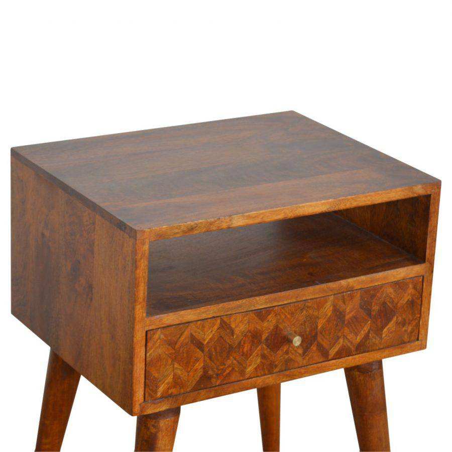 Zig-zag Parquet Pattern 1 Drawer Bedside Table in Chestnut-effect Mango Wood - Price Crash Furniture