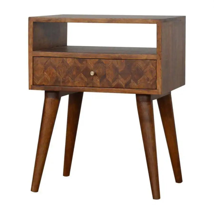 Zig - zag Parquet Pattern 1 Drawer Bedside Table in Chestnut - effect Mango Wood - Price Crash Furniture