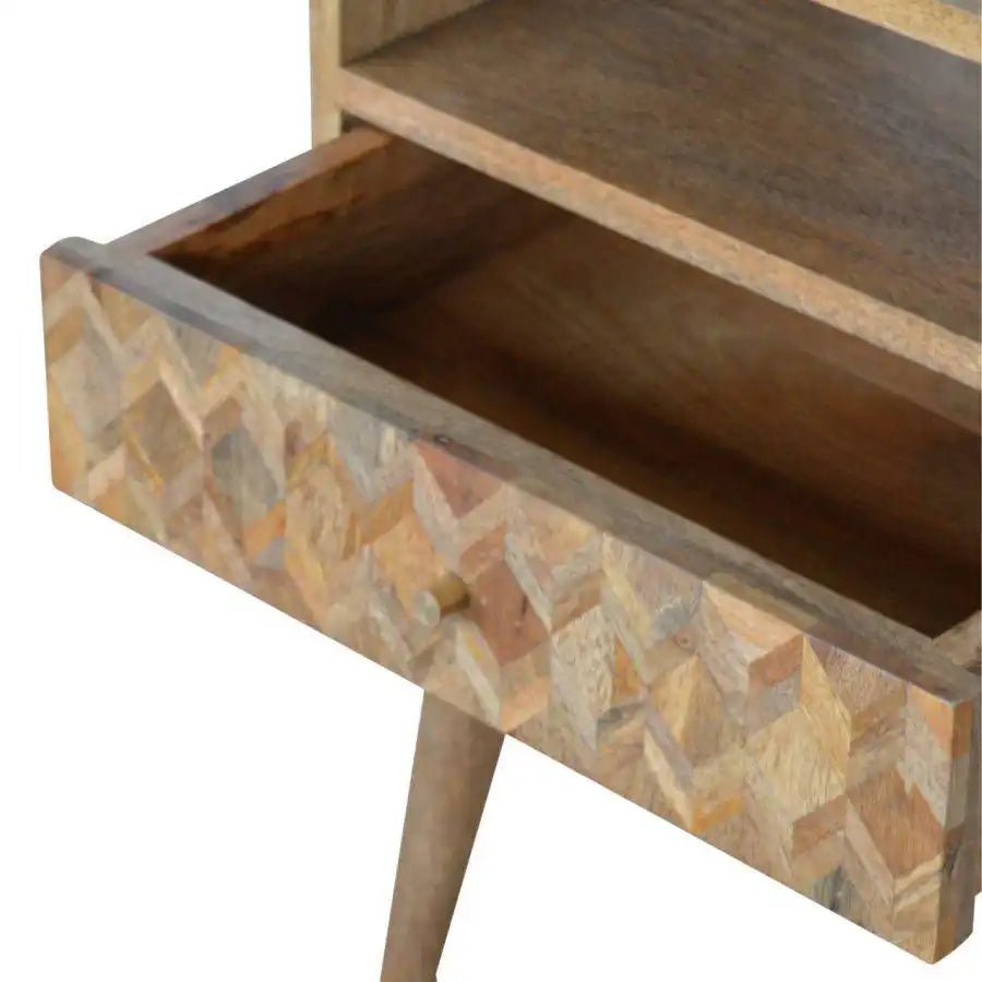 Zig - zag Parquet Pattern 1 Drawer Bedside Table in Oak - effect Mango Wood - Price Crash Furniture