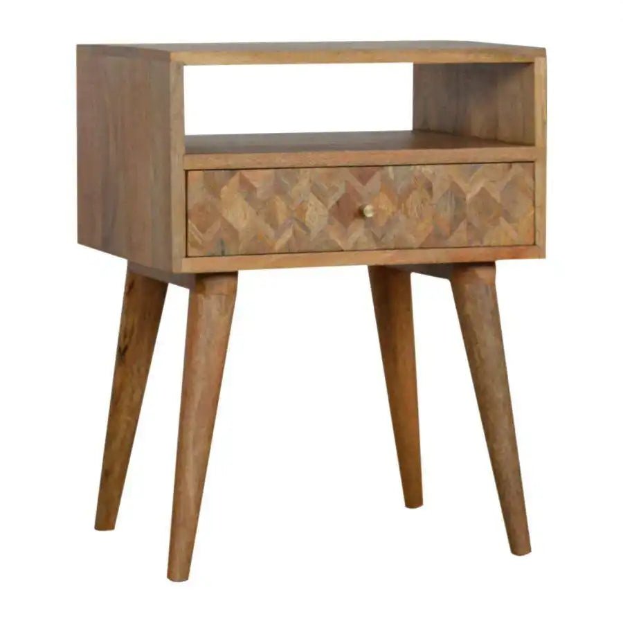Zig - zag Parquet Pattern 1 Drawer Bedside Table in Oak - effect Mango Wood - Price Crash Furniture