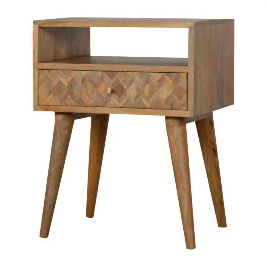 Zig - zag Parquet Pattern 1 Drawer Bedside Table in Oak - effect Mango Wood - Price Crash Furniture