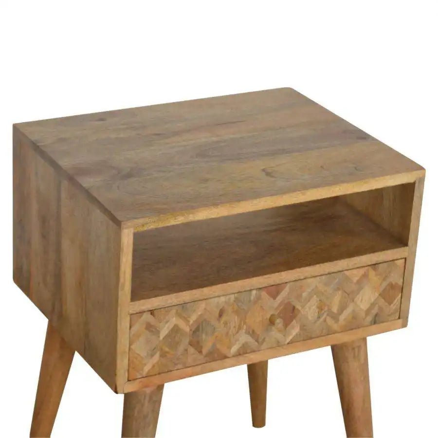 Zig - zag Parquet Pattern 1 Drawer Bedside Table in Oak - effect Mango Wood - Price Crash Furniture