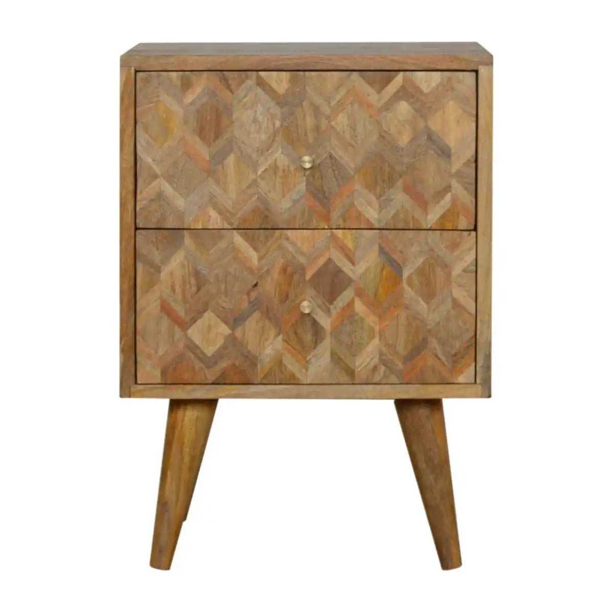 Zig - zag Parquet Pattern Bedside Table in Oak - effect Mango Wood - Price Crash Furniture