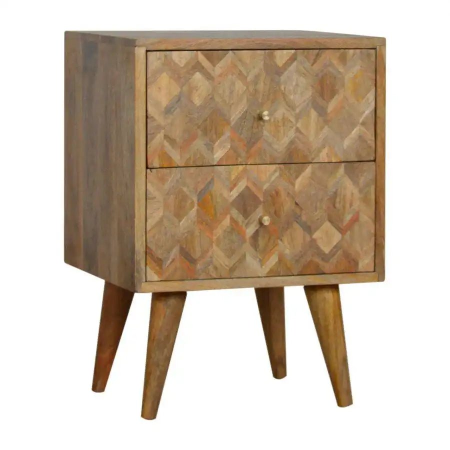 Zig - zag Parquet Pattern Bedside Table in Oak - effect Mango Wood - Price Crash Furniture