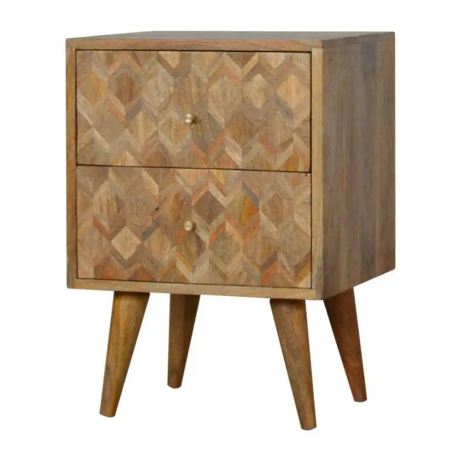 Zig - zag Parquet Pattern Bedside Table in Oak - effect Mango Wood - Price Crash Furniture