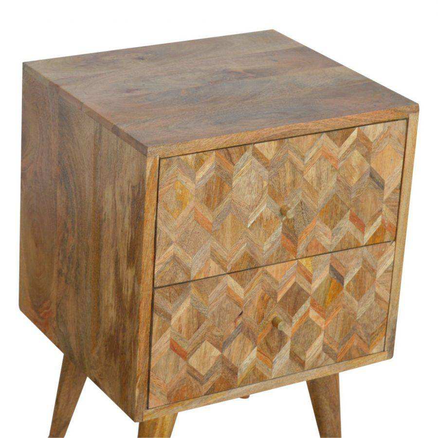 Zig - zag Parquet Pattern Bedside Table in Oak - effect Mango Wood - Price Crash Furniture
